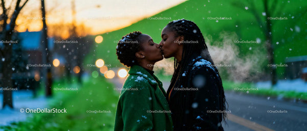 Couple Sharing a Gentle Kiss in Snowy Winter Sunset