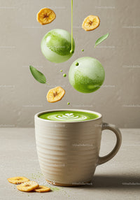 Ceramic cup of matcha latte with floating ingredients