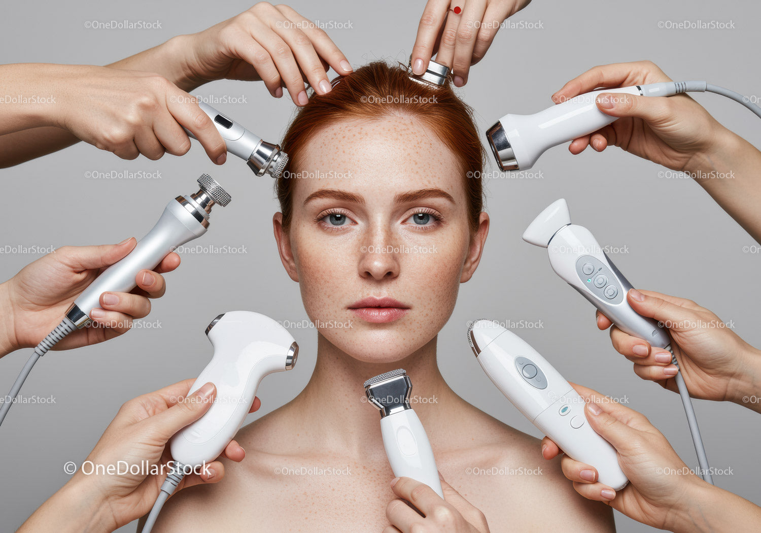 Young Woman Receiving Facial Treatment Using Multiple Skincare Devices