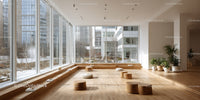 Bright Modern Lounge with Sunlit Windows and Wooden Seating