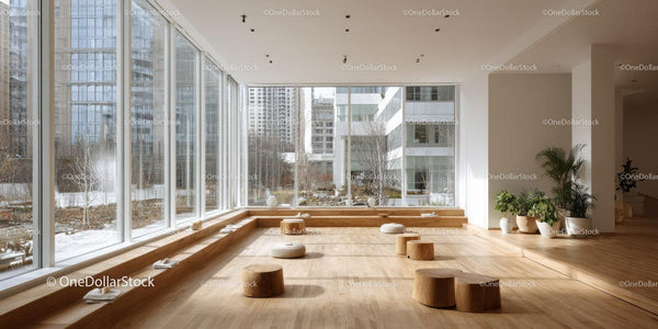 Bright Modern Lounge with Sunlit Windows and Wooden Seating