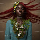 Elegant Portrait of a Woman with Flowing Red Hair and Botanical Accessories