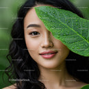 Portrait of an Asian Woman with Black Wavy Hair and Green Leaf