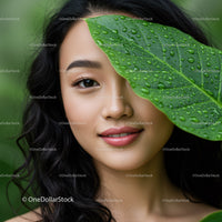 Portrait of an Asian Woman with Black Wavy Hair and Green Leaf