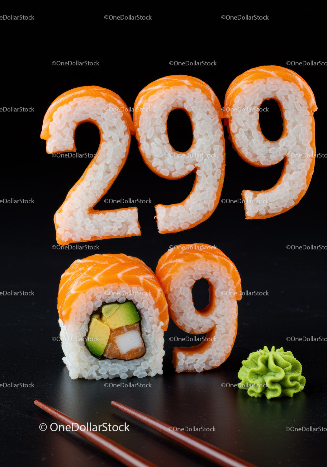Creative sushi rolls shaped as 2999 numbers with chopsticks