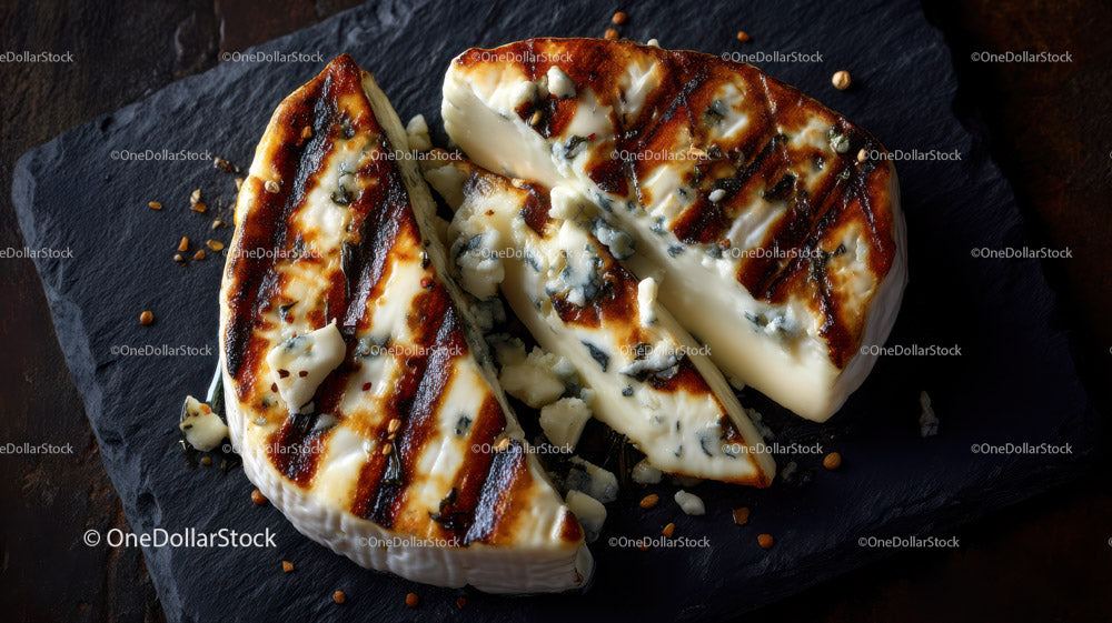Artisan Blue Cheese Wheel on Dark Rustic Surface in Gourmet Food Setting