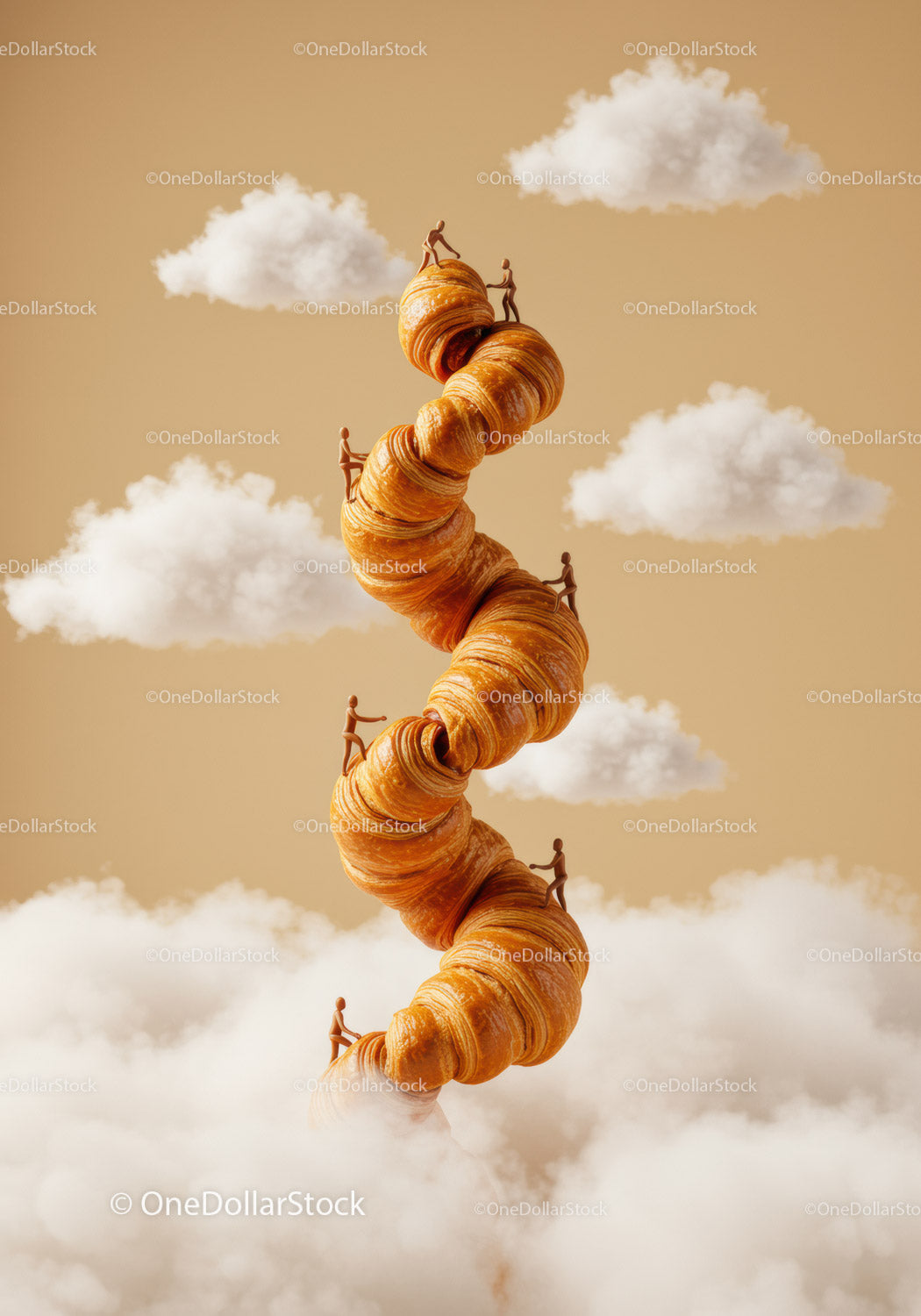 Tiny figures climbing a giant twisted croissant tower