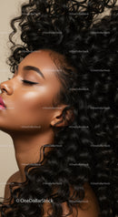 Close Up of Woman with Curly Hair and Glossy Skin