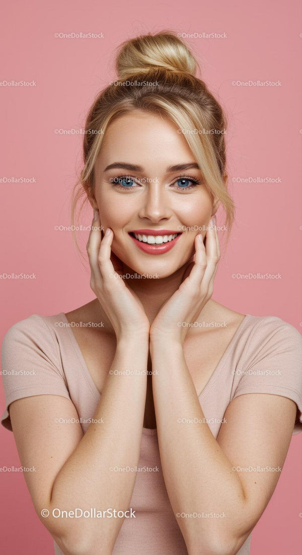 Portret Uśmiechniętej Młodej Kobiety z Blond Włosami na Różowym Tle