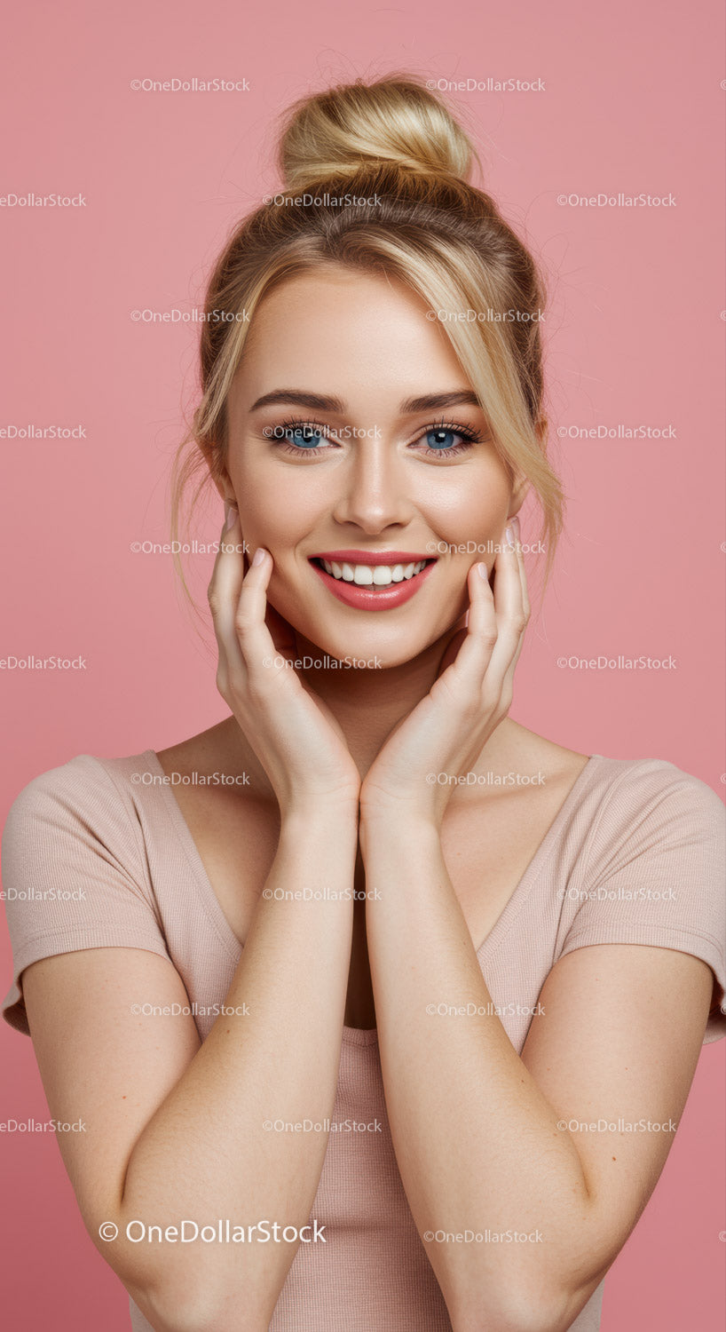 Portret uśmiechniętej młodej kobiety z blond włosami na różowym tle