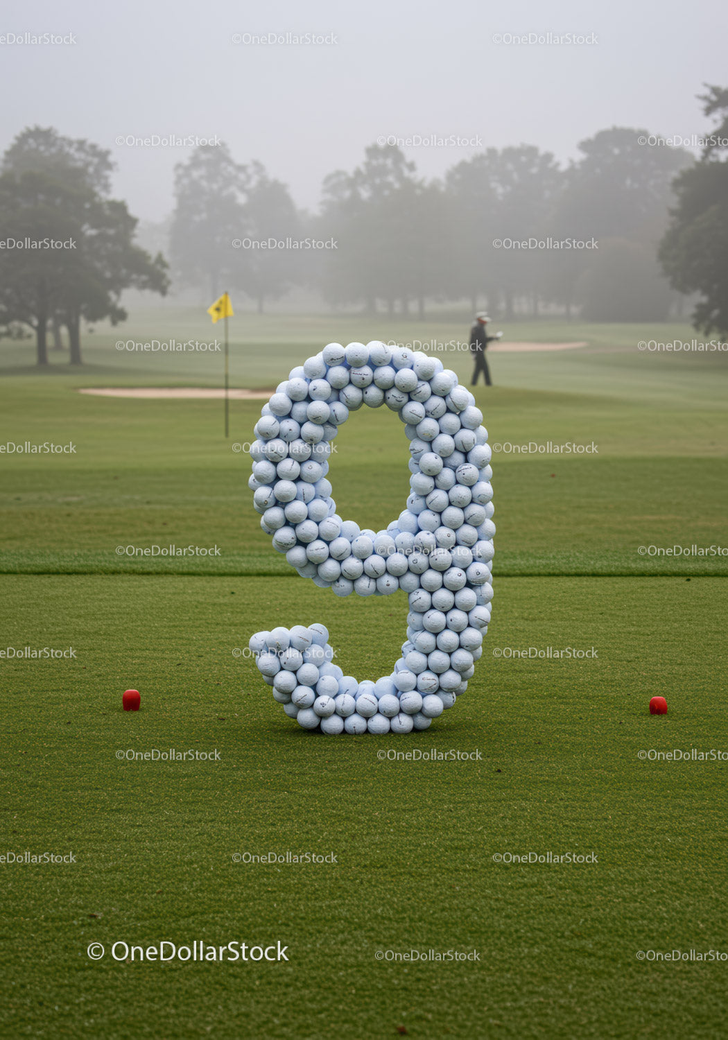 Number nine shaped from golf balls on green course