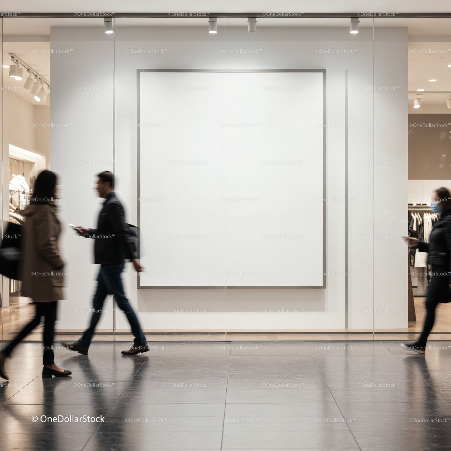 People walking past blank white canvas in modern gallery