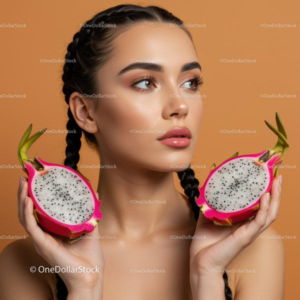 Portrait of a Woman with Dragon Fruit for Natural Beauty and Wellness