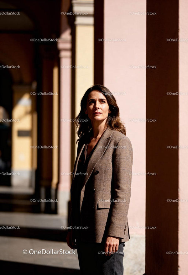Thoughtful woman standing in sunlit urban colonnade