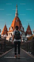 Woman with Backpack Visiting Iconic Red Roof Church in City