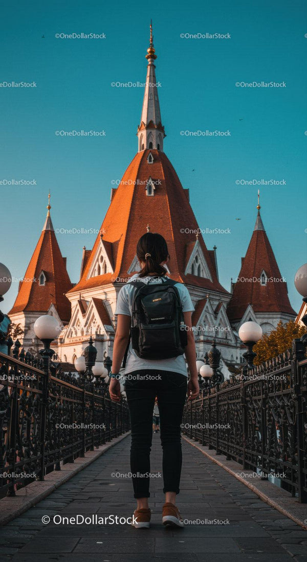 Woman with Backpack Visiting Iconic Red Roof Church in City