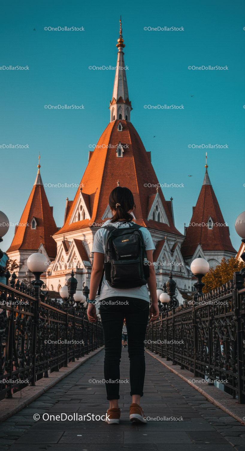 Kobieta z plecakiem odwiedza kultowy kościół Red Roof w mieście