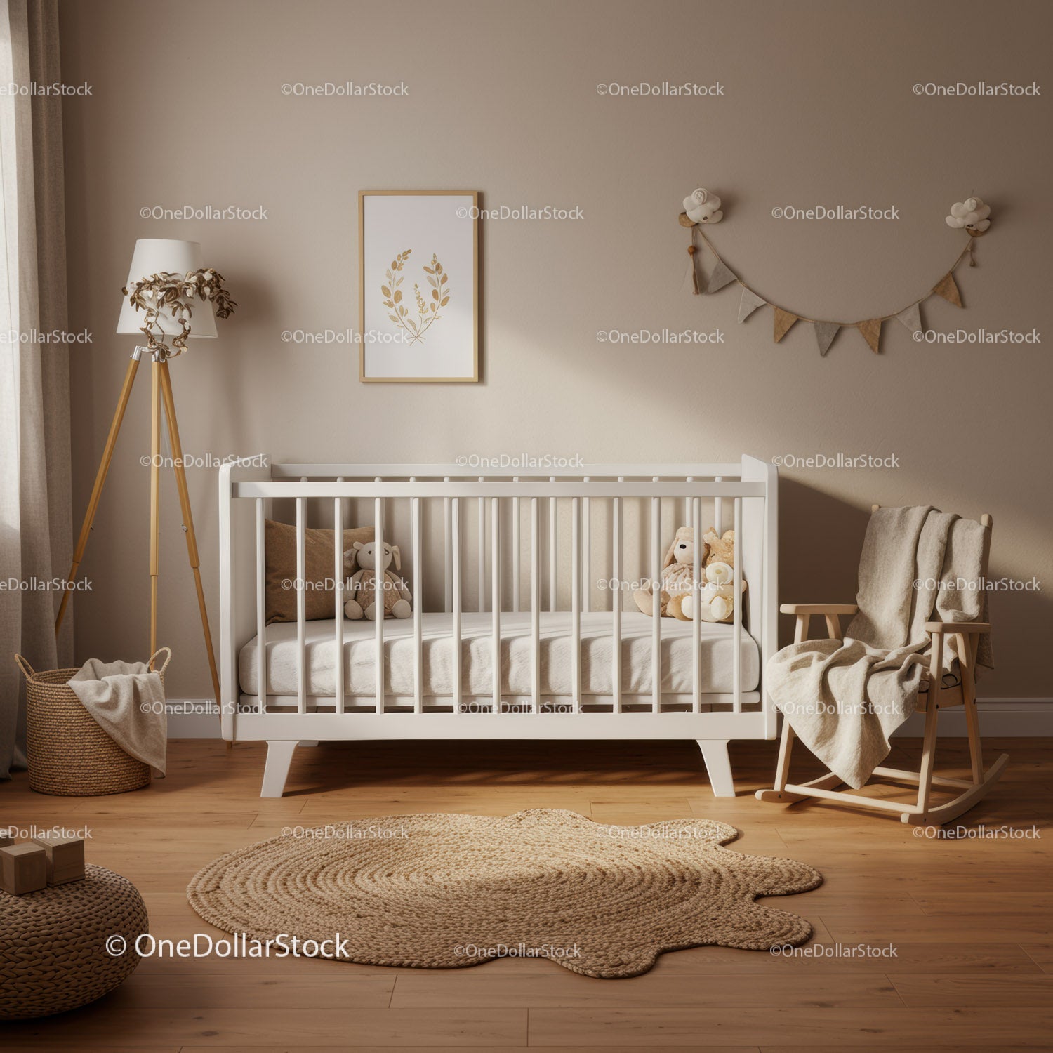 Cozy neutral toned baby nursery with modern crib