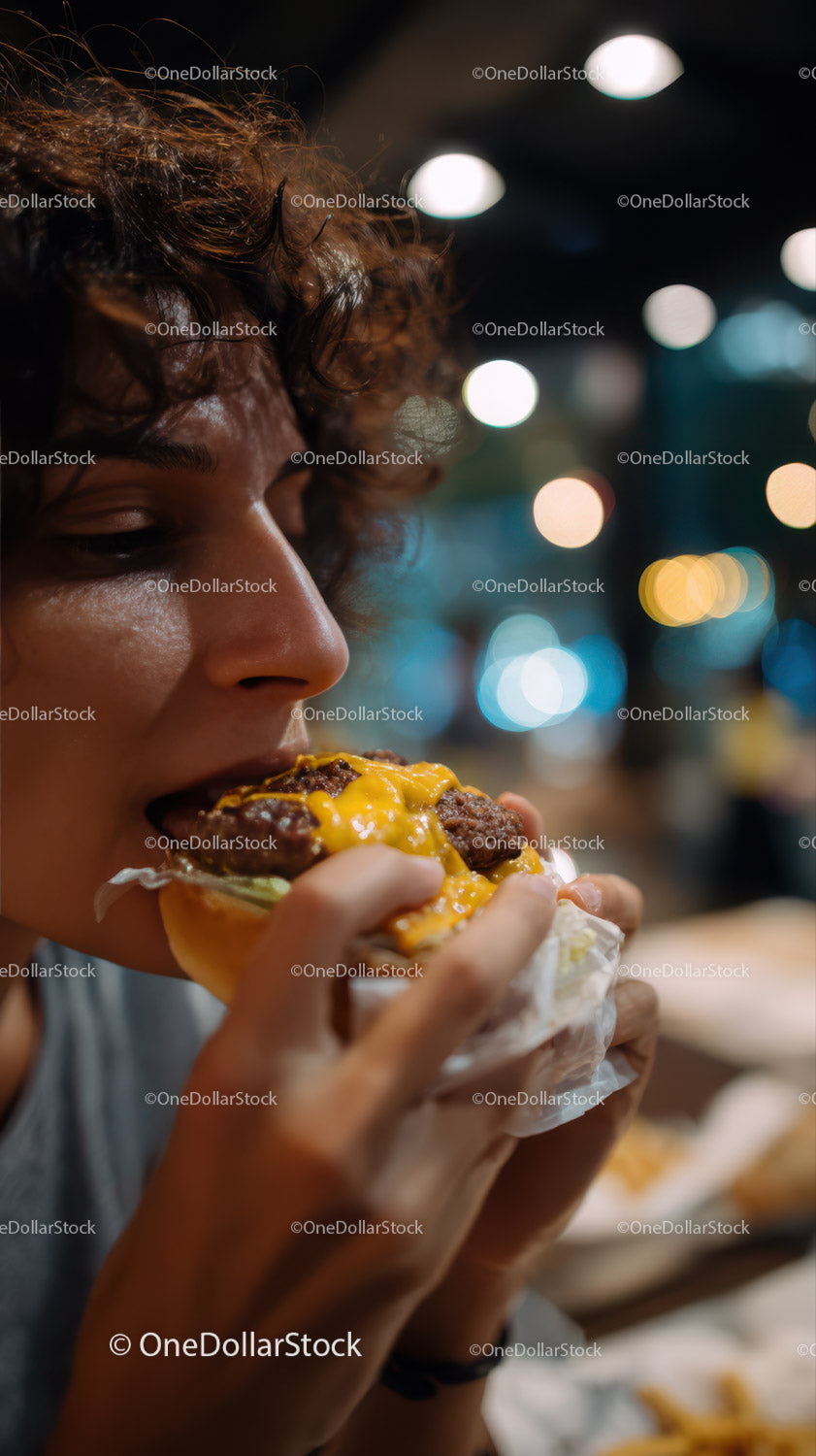 Młoda kobieta delektująca się soczystym cheeseburgerem na ulicy nocnego miasta