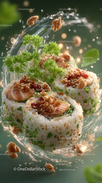 Fresh Salmon Sushi Rolls with Avocado and Herbs in Artistic Presentation