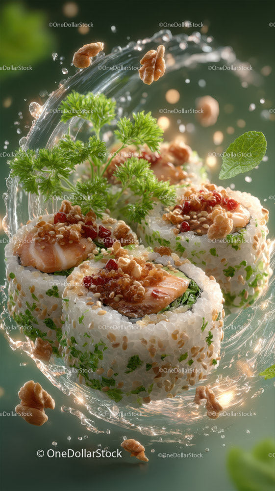 Fresh Salmon Sushi Rolls with Avocado and Herbs in Artistic Presentation