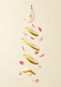 Sliced pear with floating pink petals on light background