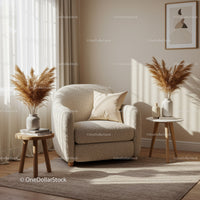 Cozy beige armchair in sunlit minimalist living room