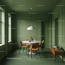 Modern Green Walled Dining Room with Wooden Chairs and Botanical Decor