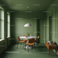 Modern Green Walled Dining Room with Wooden Chairs and Botanical Decor