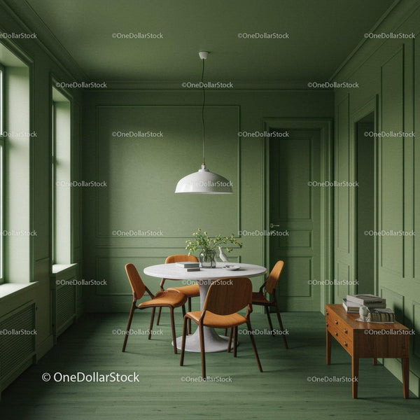 Modern Green Walled Dining Room with Wooden Chairs and Botanical Decor