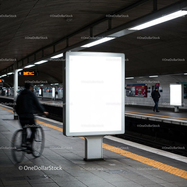 Empty lightbox on urban subway platform with cyclist JPG Mockup Image