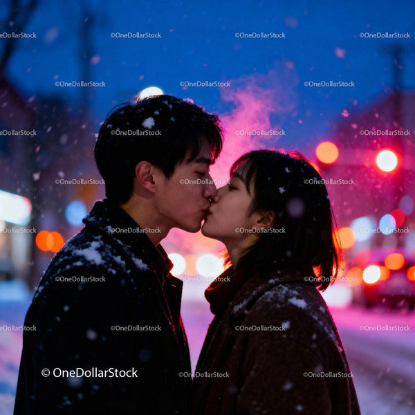 Couple sharing a tender kiss in snowy evening city