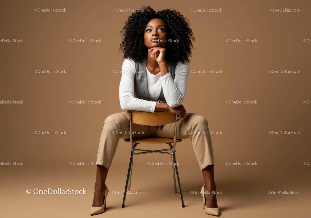 Confident Woman Sitting on Chair in Neutral Fashion Photo