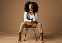 Confident Woman Sitting on Chair in Neutral Fashion Photo