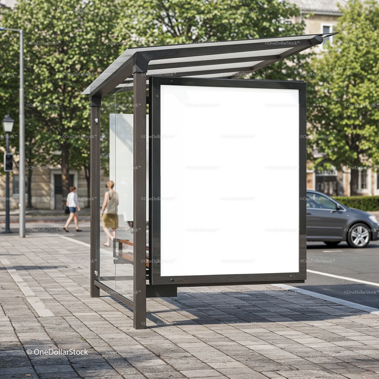 Empty city bus stop with blank advertisement panel