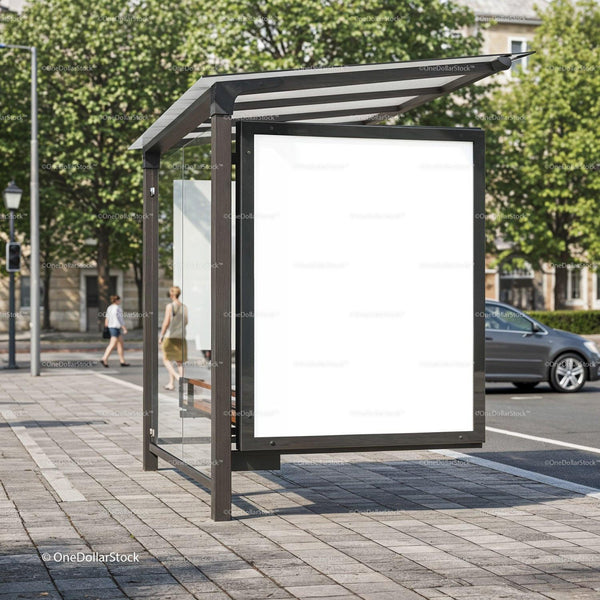 Empty city bus stop with blank advertisement panel JPG Mockup Image