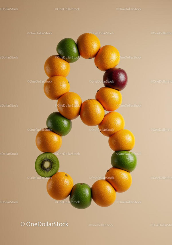Fruit arrangement forming the letter R on beige background