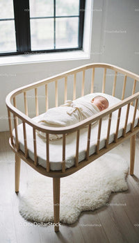 Newborn Baby Sleeping Peacefully in Wooden Crib