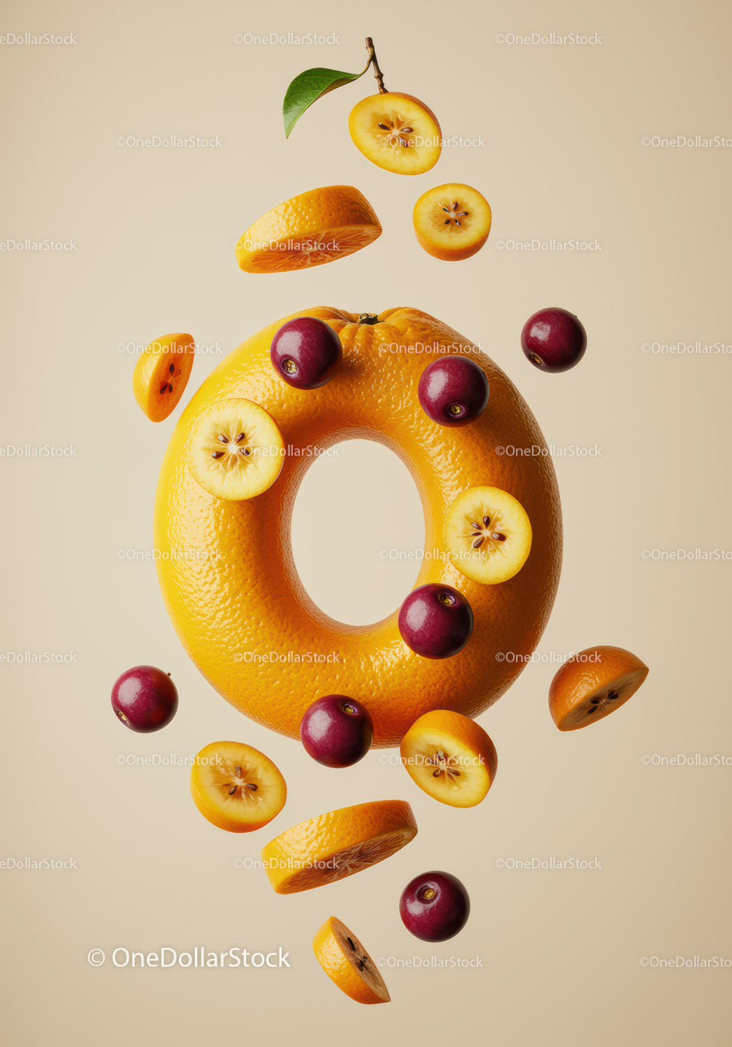 Creative floating tropical fruits composition on beige