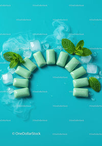 Fresh mint chewing gum with ice cubes on blue background