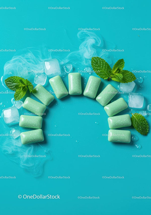 Fresh mint chewing gum with ice cubes on blue background