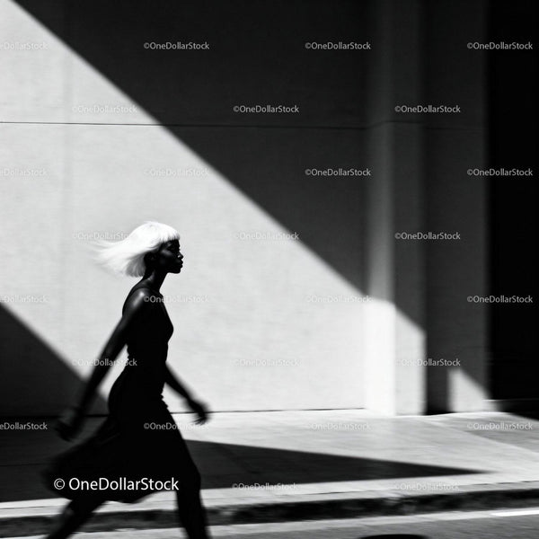 Stylish woman walking with striking white hair in city shadows
