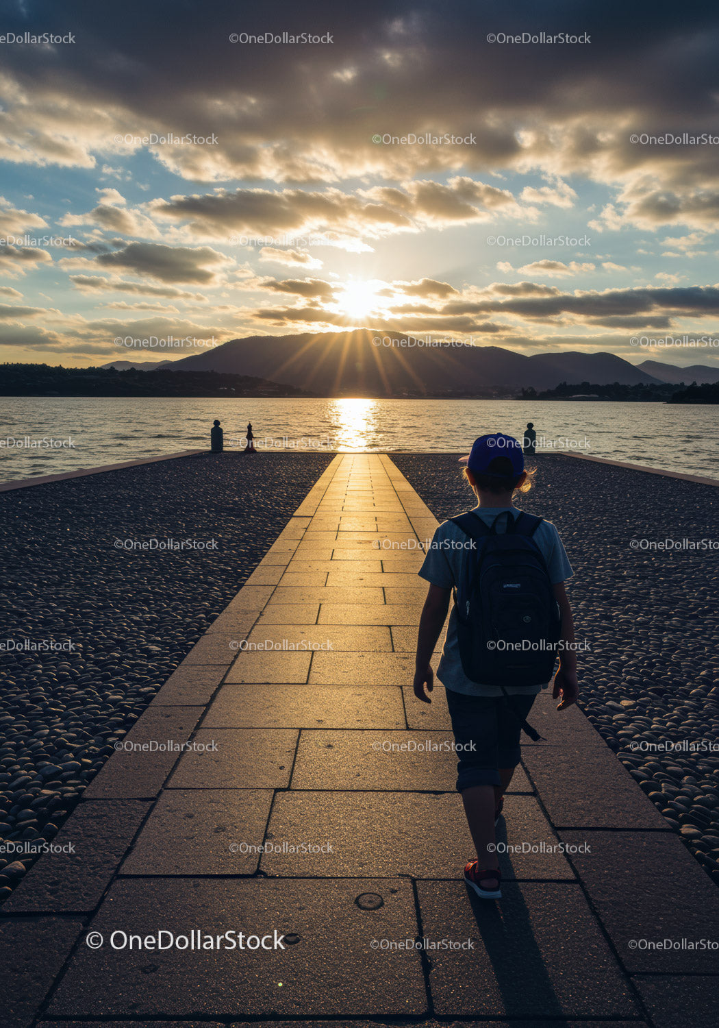 Serene Sunset Over Lake with Child Walking on Pier