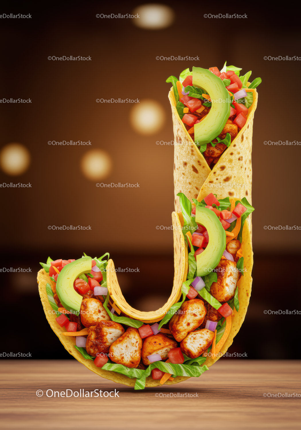 Tasty chicken wrap shaped as letter J on wooden table