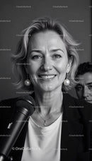 Confident Businesswoman Speaking at Corporate Event in Black and White