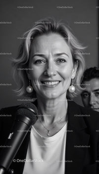 Confident Businesswoman Speaking at Corporate Event in Black and White