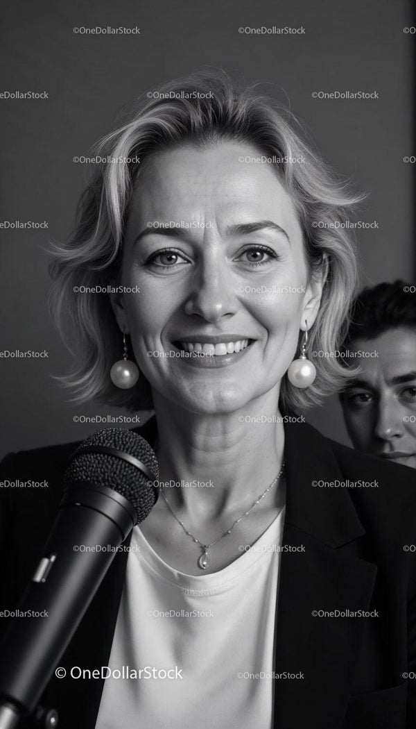 Pewna siebie bizneswoman przemawiająca na wydarzeniu korporacyjnym w czerni i bieli