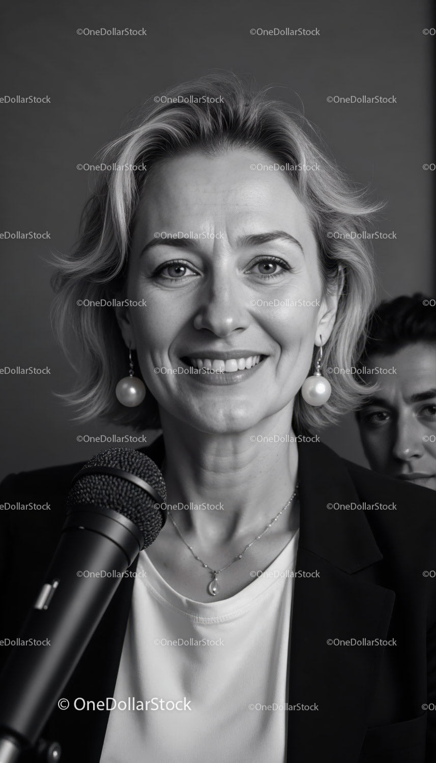 Pewna siebie bizneswoman przemawiająca na wydarzeniu firmowym w czerni i bieli