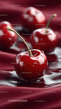 Juicy Fresh Red Cherries with Glossy Skin on Dark Surface