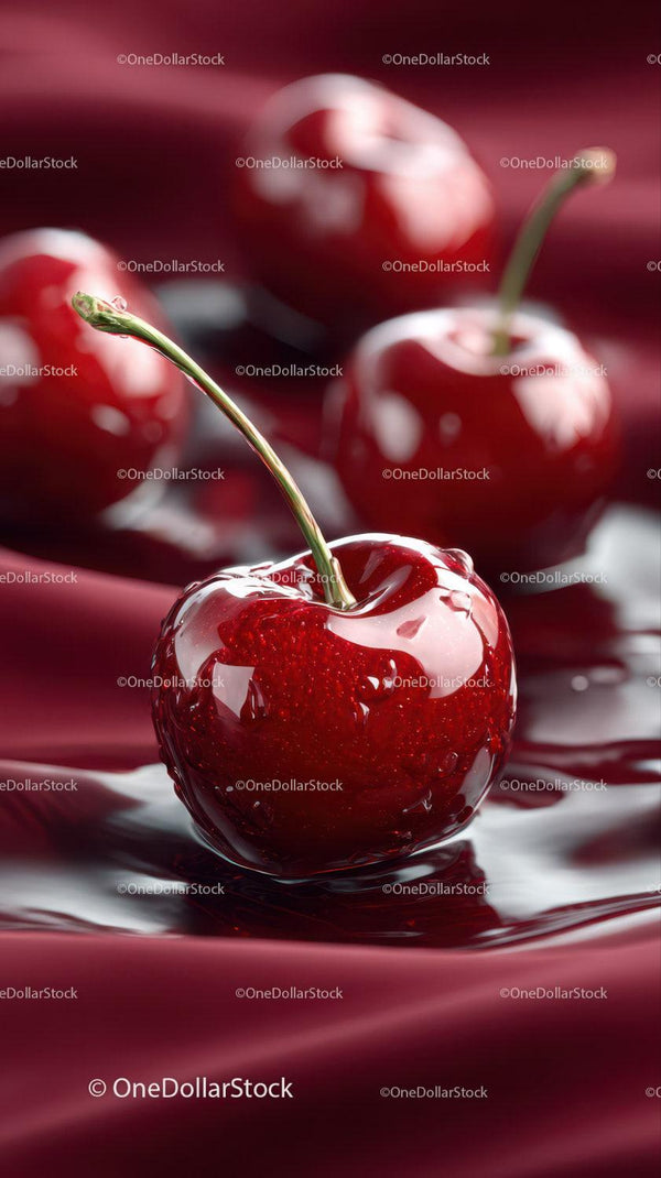 Juicy Fresh Red Cherries with Glossy Skin on Dark Surface